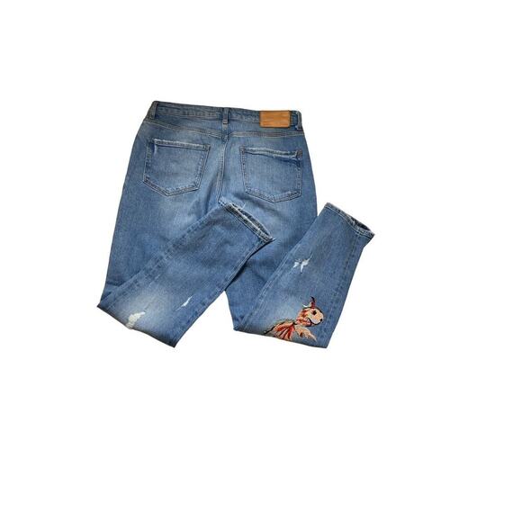 Zara Trafaluc Jeans Womens Size 6 Embroidered Floral Distressed Blue Denim - Picture 5 of 12
